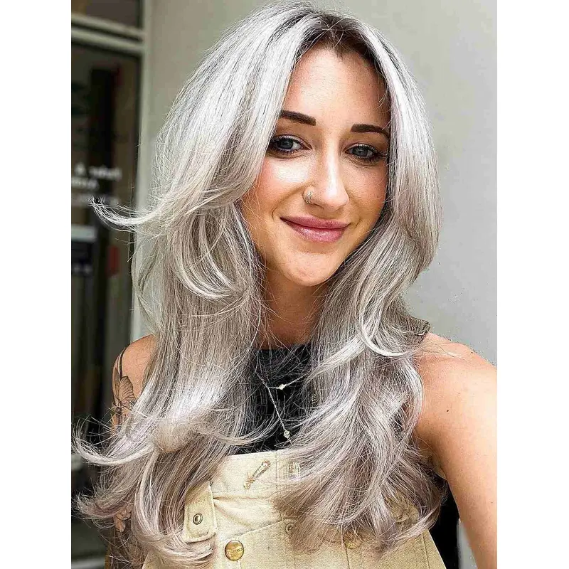 16" Monofilament Layered Grey Long Wigs