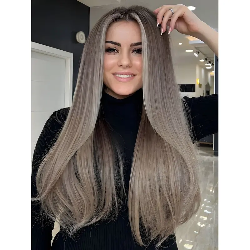 Long Grey Hair Wigs Straight Monofilament Without Bangs 26" Wigs
