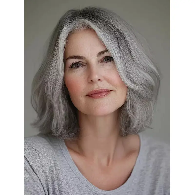 Medium Length Grey Hair Wigs 12" Wavy Layered Synthetic Wigs