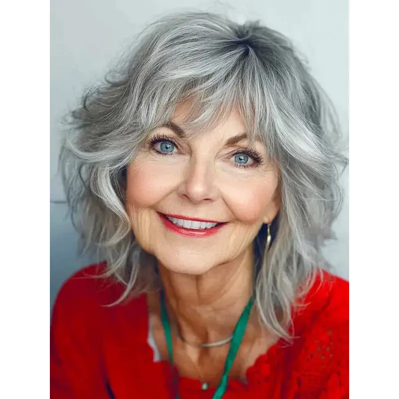 Grey Hair Bob Wig 12" Wavy Layered Shoulder Length Wigs