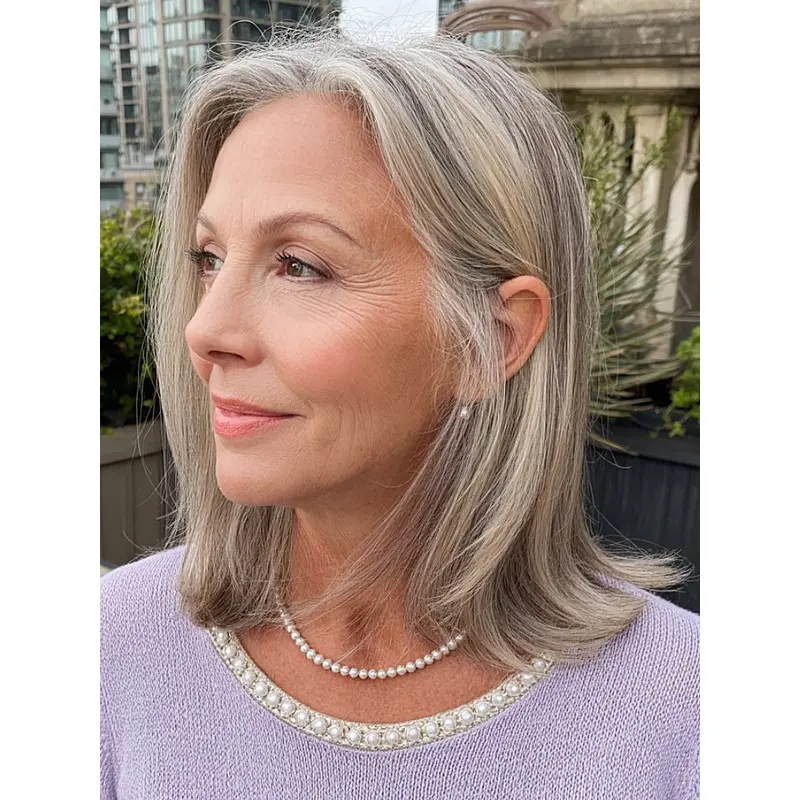 Human Hair Grey Hair Wigs 14" Shoulder Length Straight Wigs