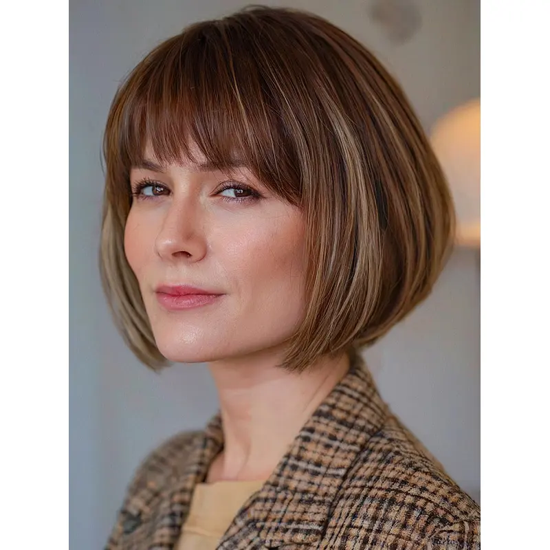 Human Hair Wigs Bob Style 10" With Bangs Monofilament Wigs