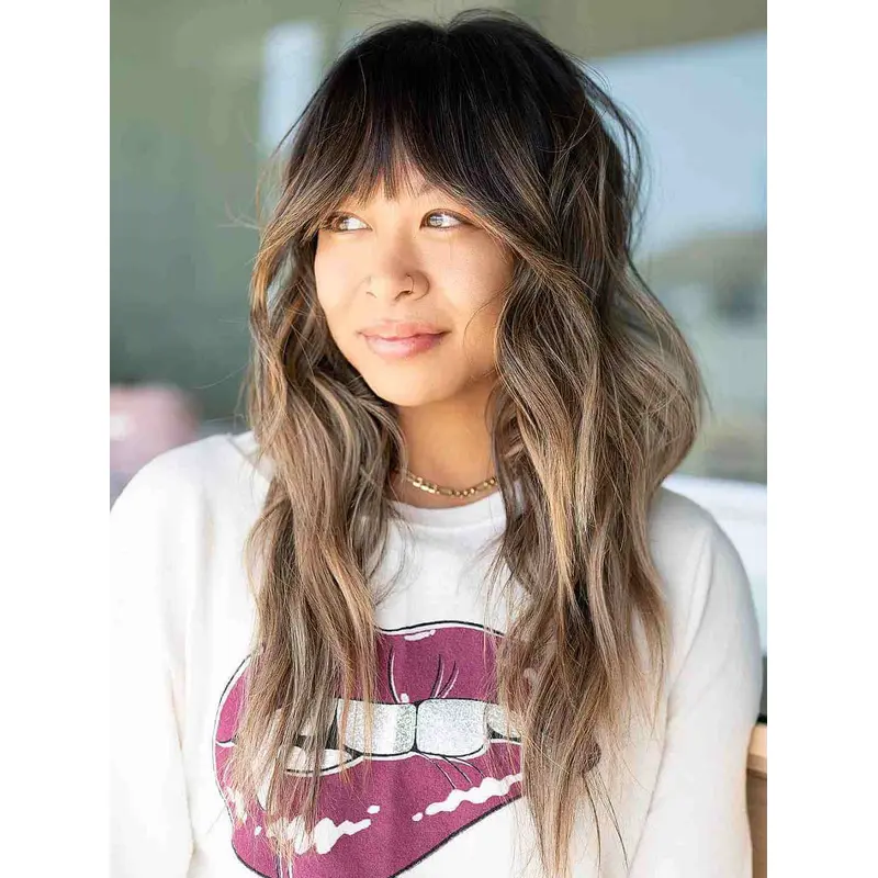 Long Layered Wigs With Bangs Lace Front 18" Wavy Wigs