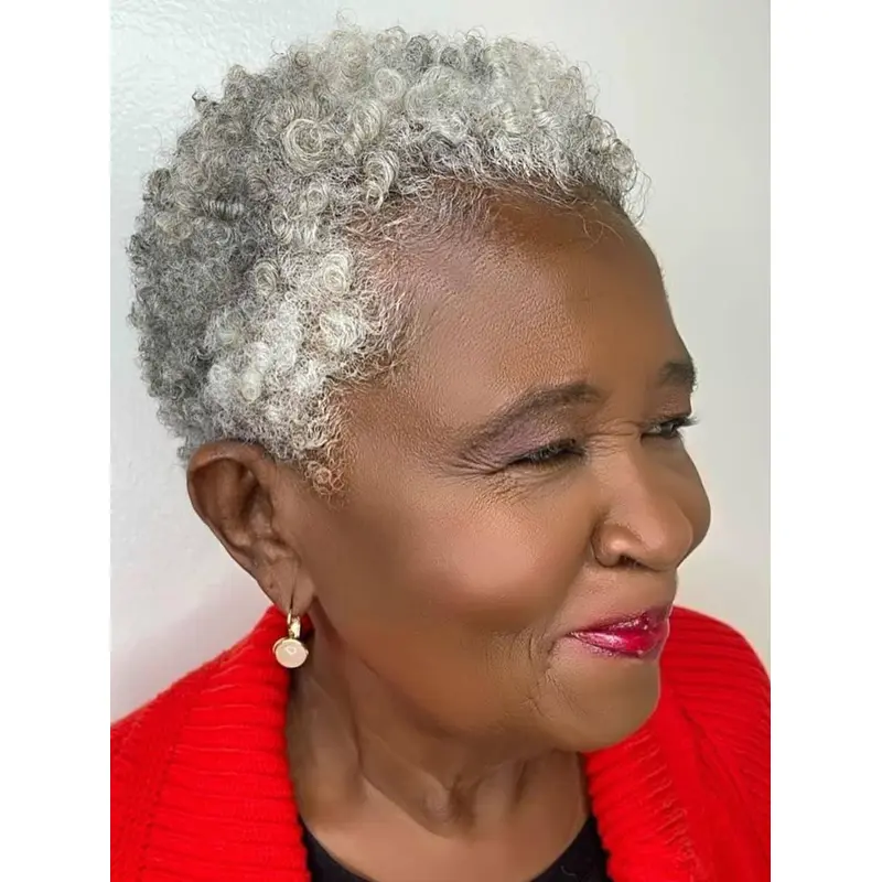Human Hair Pixie Wigs For African American 4" Monofilament Grey Wigs