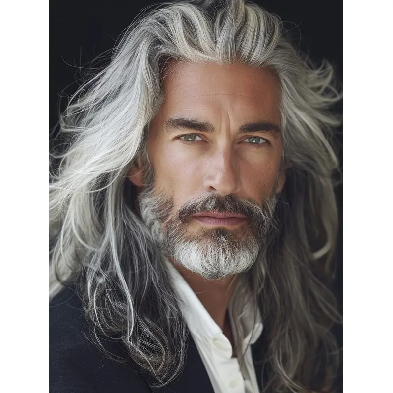 Long Hair Mens Wig Remy Human Hair Grey Long Wavy Wigs