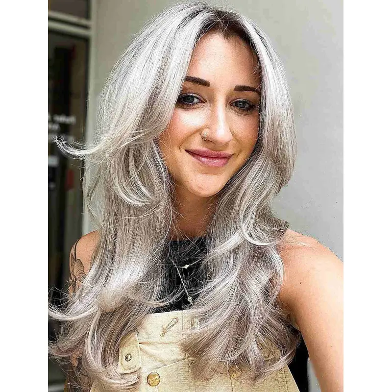 Long Gray Wigs Synthetic Discount Layered Lace Wig Ceter Part Long Wigs