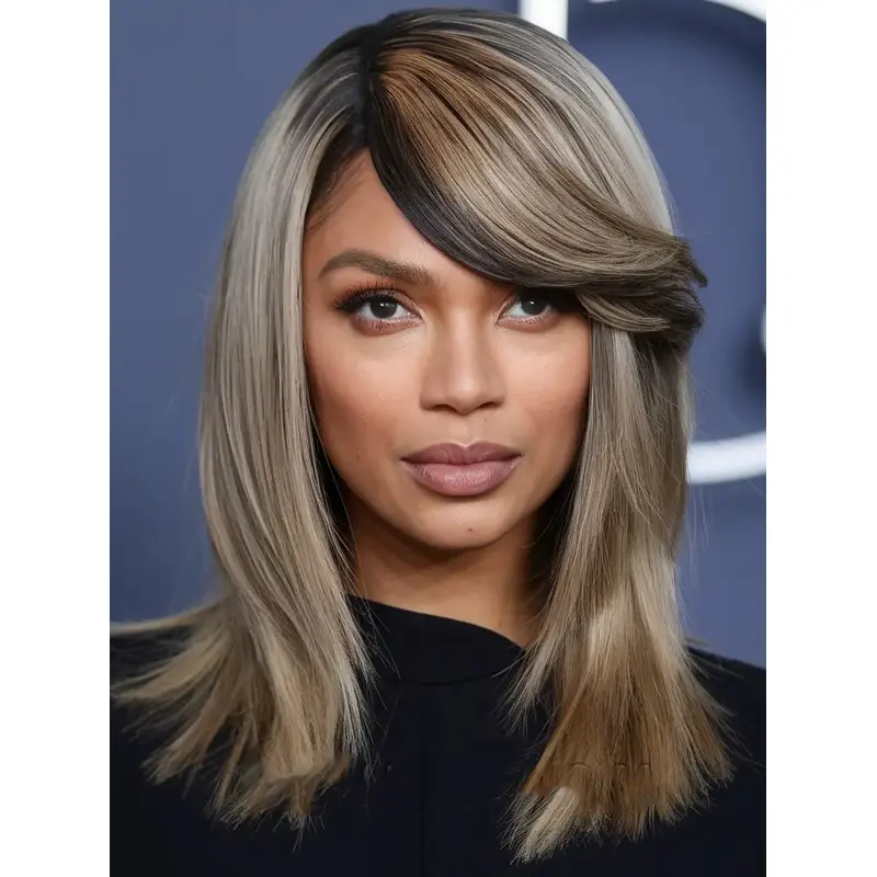 Human Hair Wigs African American Layered 16" Straight Wigs