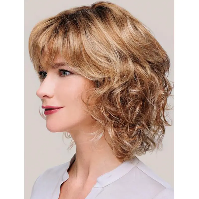 Monofilament Blonde Chin Length Curly 12" With Bangs Synthetic Wigs For Women