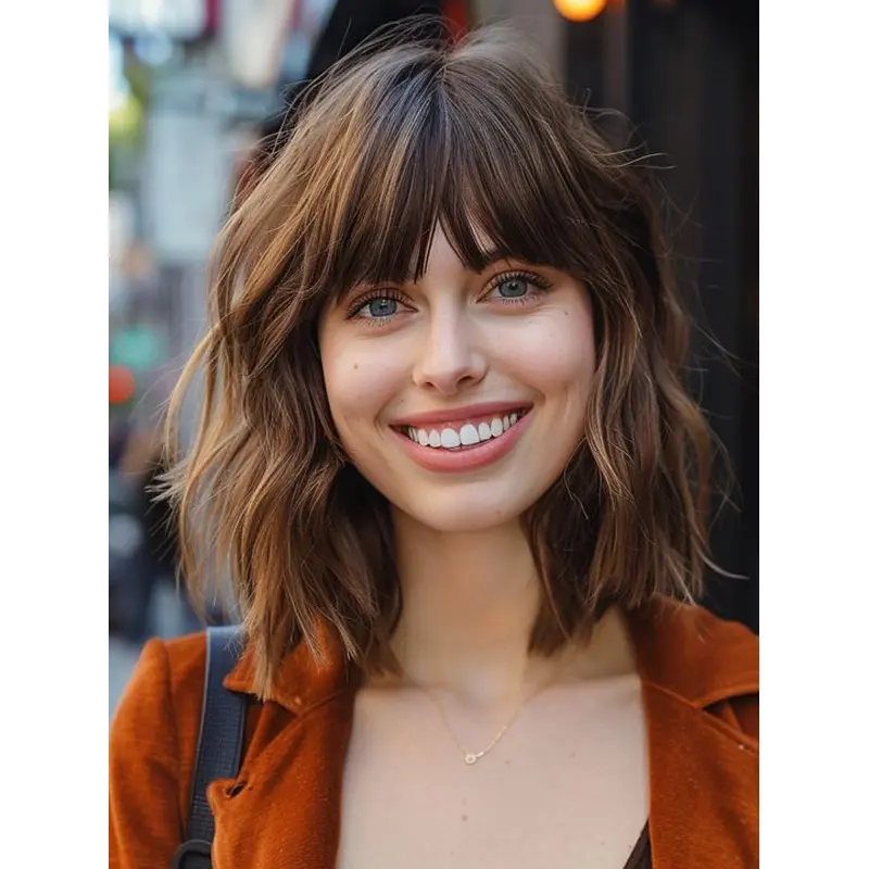 Women'S Bob Wigs Monofilament 12" Synthetic With Bangs Wavy Wigs
