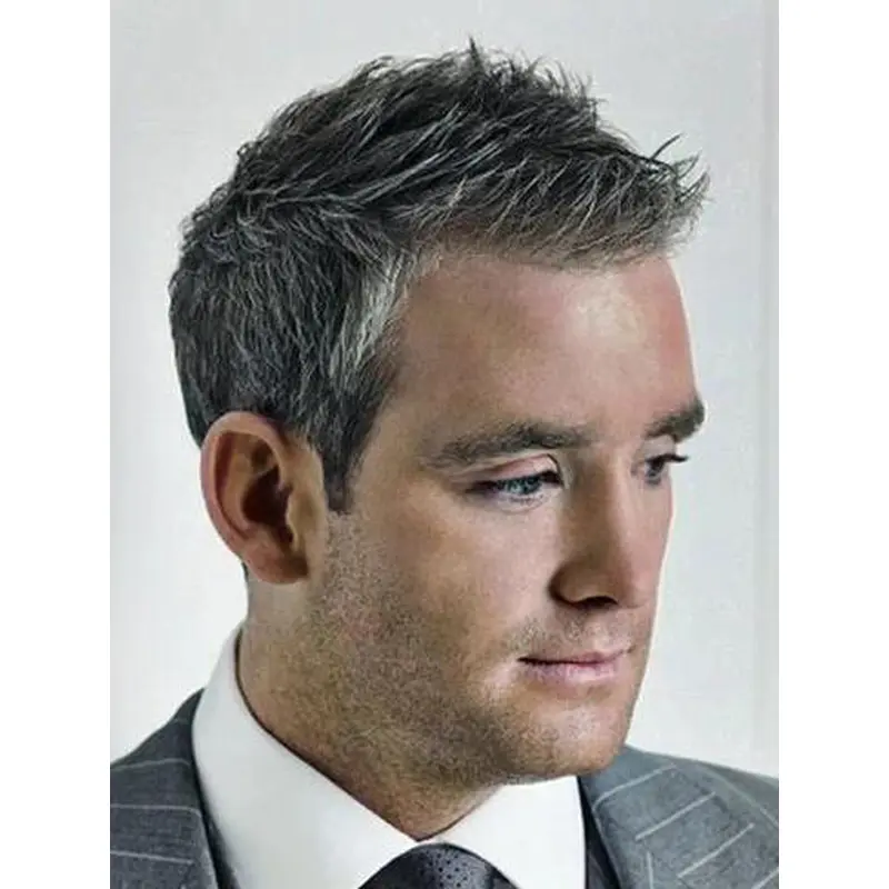 Grey Capless Straight Short Remy Human Hair Spiky Men Wigs