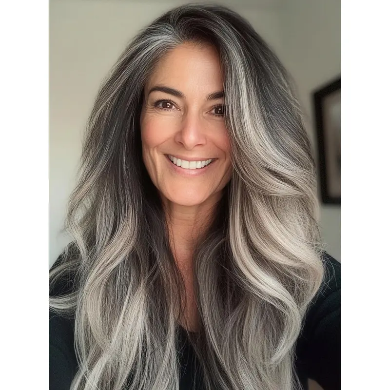 Human Grey Hair Wigs 26" Without Bangs Lace Front Wavy Long Wigs