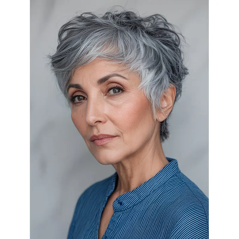 Ladies Short Grey Wigs 6" With Bangs Wavy Monofilament Wigs