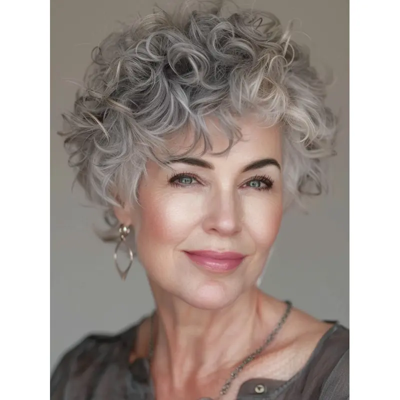 Grey Curly Wig Monofilament 6" Remy Human Hair Layered Wigs