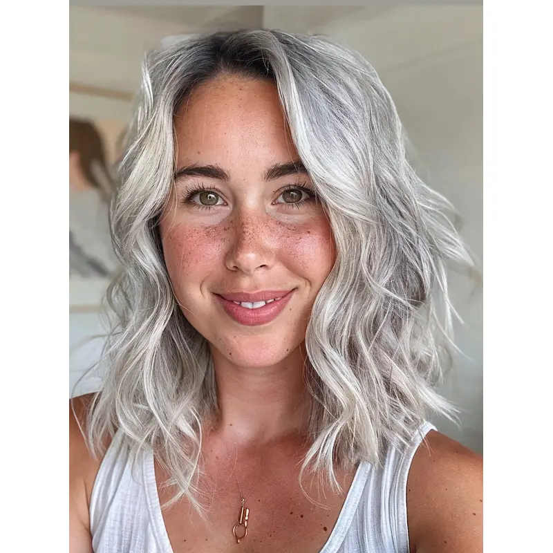 Medium Wavy Wig Synthetic Shoulder Length Layered Grey 14" Lace Front Wigs