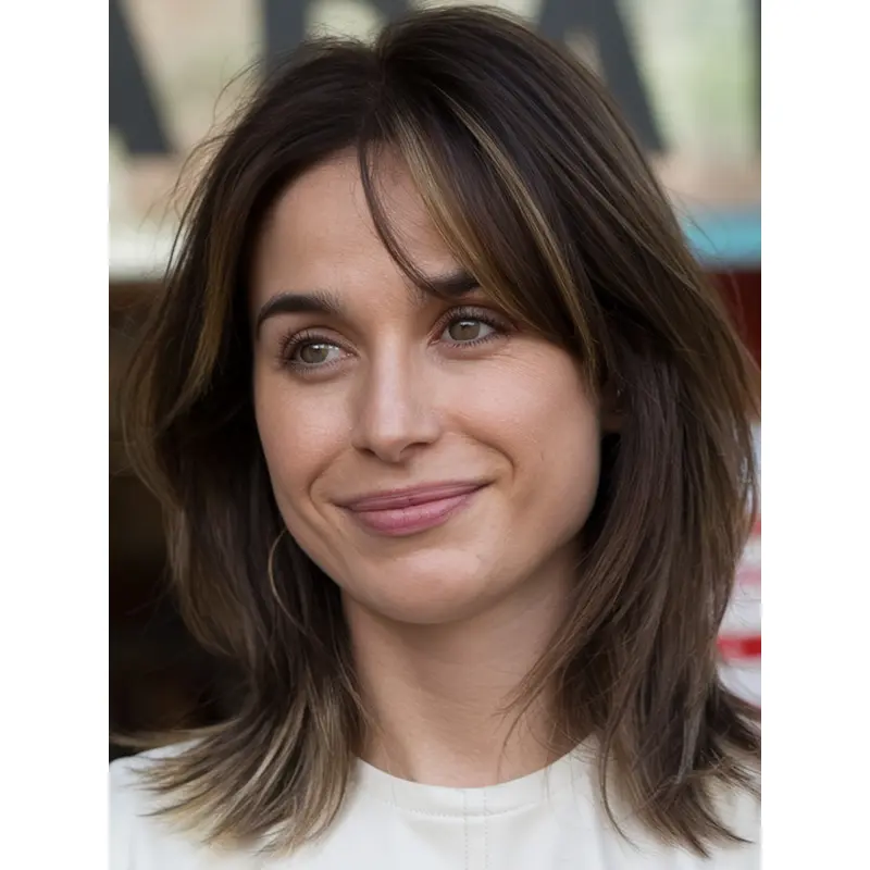 Medium Length Human Hair Wigs Monofilament 14" Straight Layered Wigs