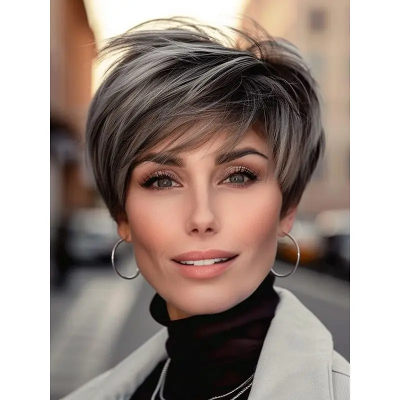 Human Hair Wigs Grey Monofilament Boycuts 6" Short Straight Wigs