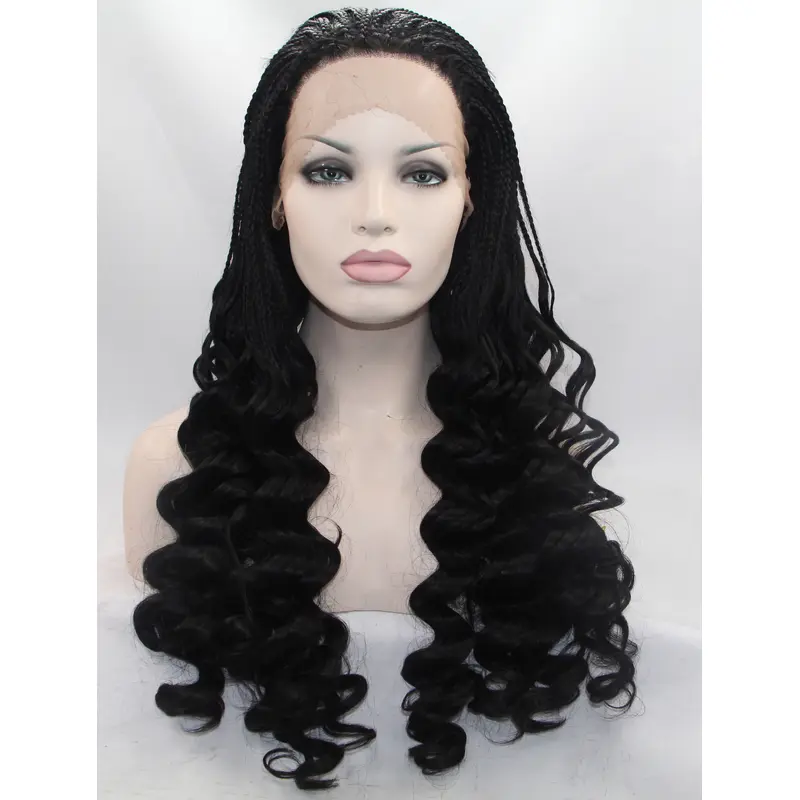 Long Black Without Bangs 24" Lace Front Wavy Synthetic Wigs