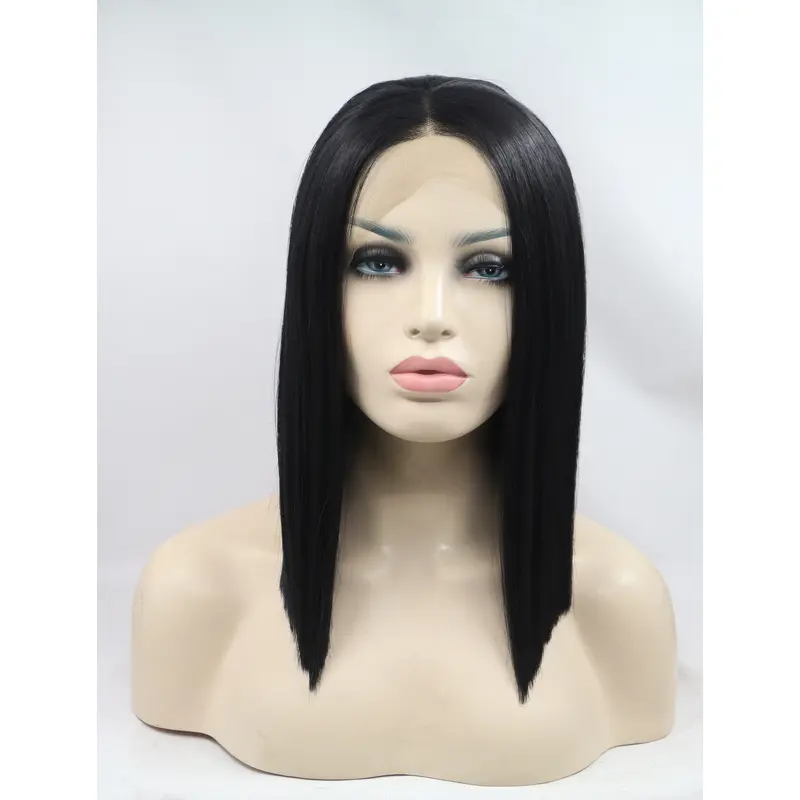 Shoulder Length Black Without Bangs 11" Lace Front Straight Synthetic Wigs