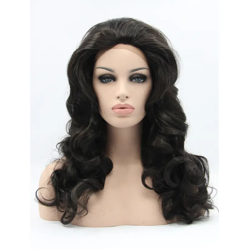 Shoulder Length Black Without Bangs 17" Lace Front Wavy Synthetic Wigs