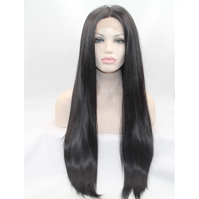 27" Straight Black Layered Synthetic Lace Front Long Wigs