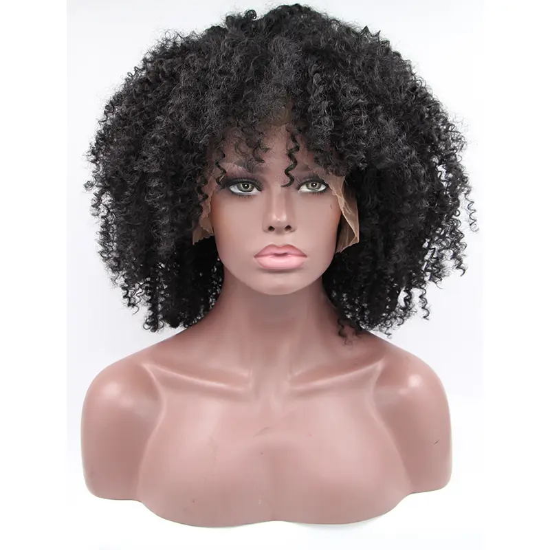 Synthetic Black 14" Kinky Lace Front With Bangs Shoulder Length Wigs