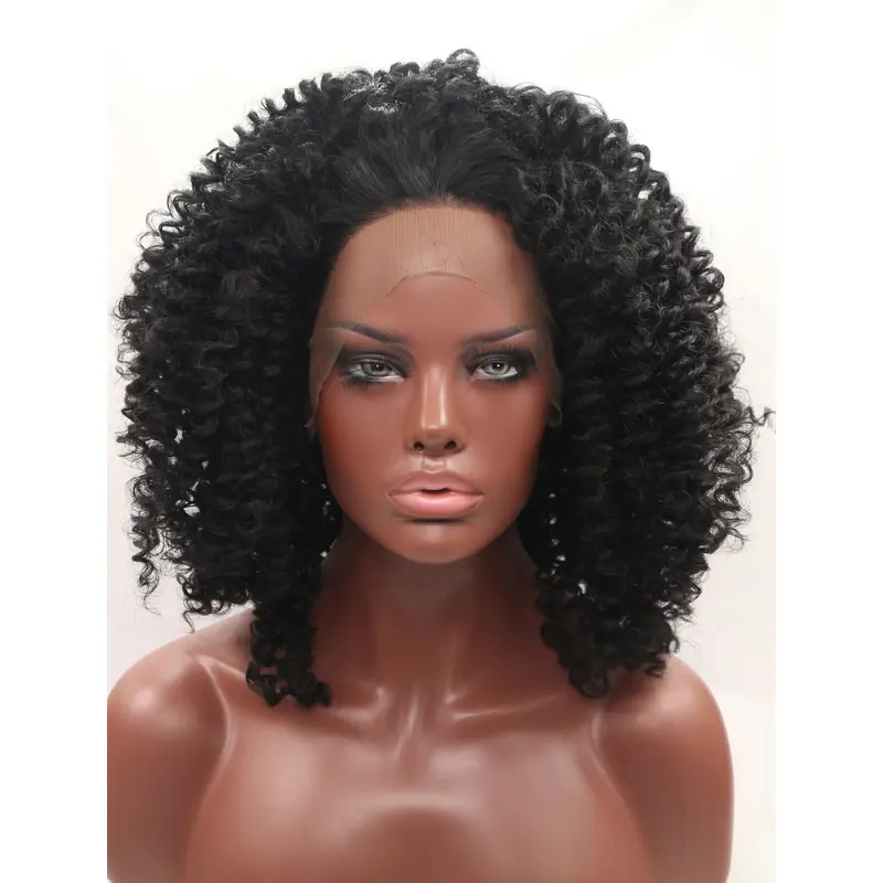 Synthetic Black 14" Kinky Lace Front Without Bangs Shoulder Length Wigs