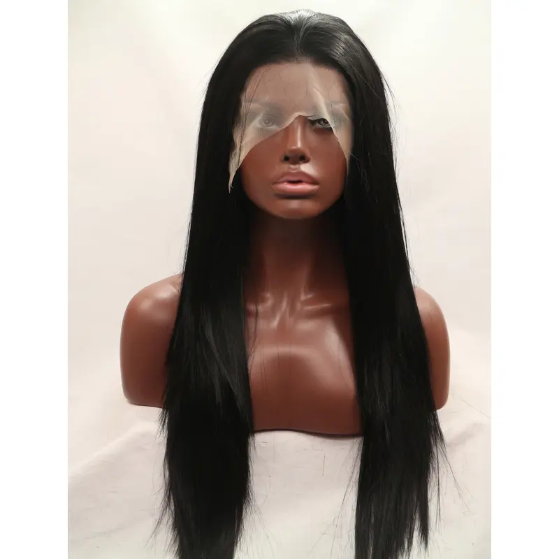 Synthetic Black 27" Straight Lace Front Without Bangs Long Wigs