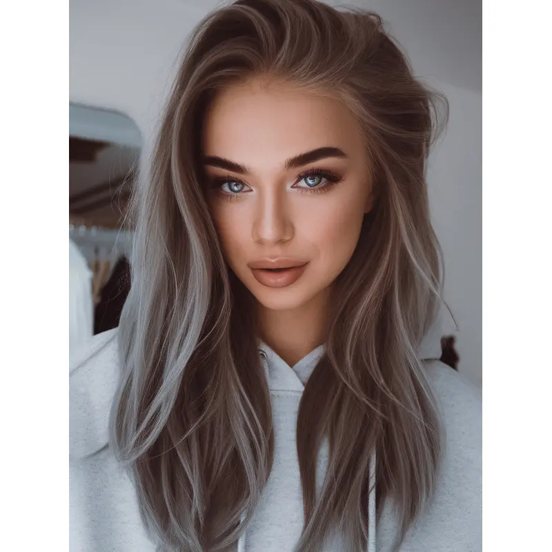 Wigs For Grey Hair Without Bangs Straight 20" Long Remy Human Hair Monofilament Wigs