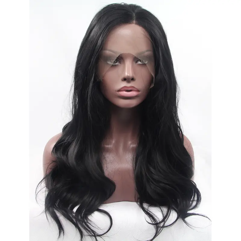 18" Wavy Black Without Bangs Synthetic Long Lace Front Wigs