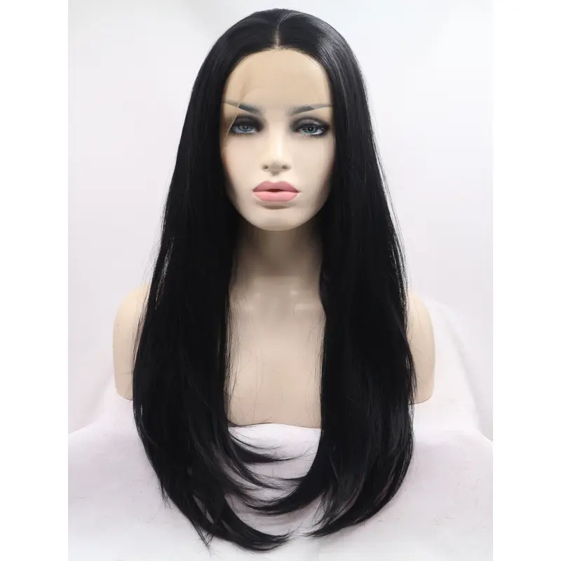 21" Straight Black Without Bangs Synthetic Long Lace Front Wigs