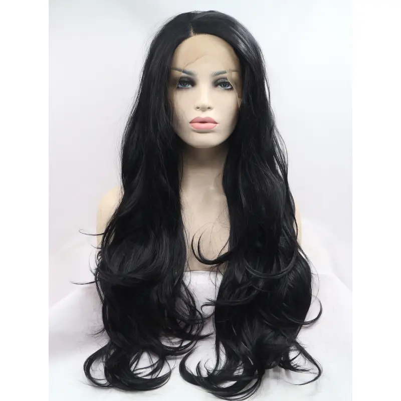 28" Wavy Synthetic Black Layered Long Lace Front Wigs