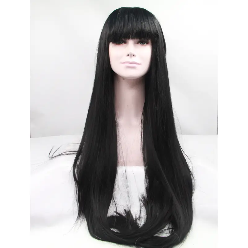 With Bangs 42" Straight Black Long Lace Front Synthetic Wigs