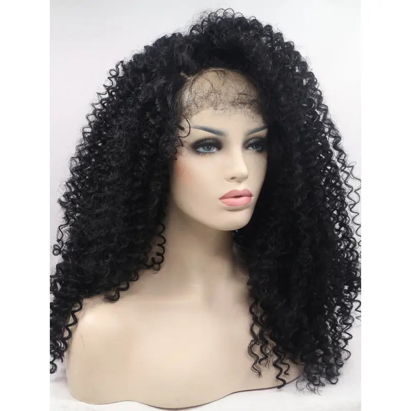 Without Bangs 17" Kinky Black Shoulder Length Lace Front Synthetic Wigs