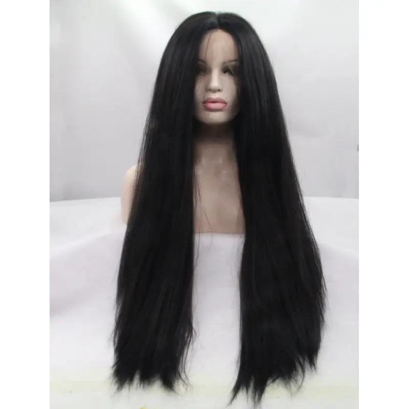 Without Bangs 30" Straight Black Long Lace Front Synthetic Wigs