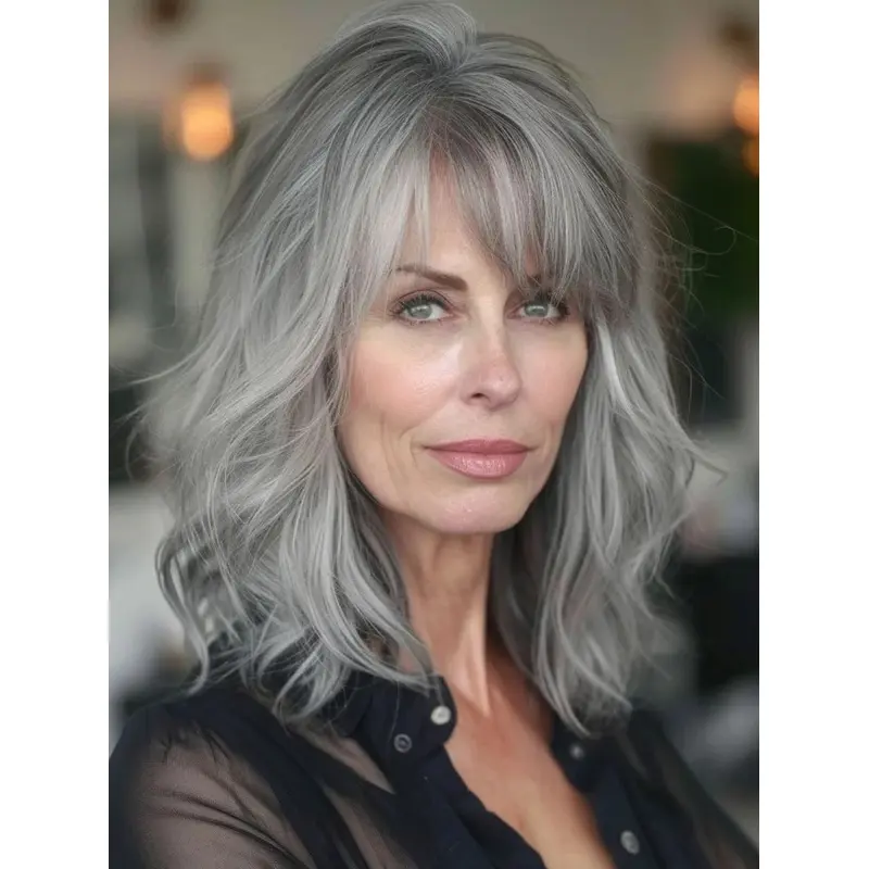 Grey Hair Wigs Human Layered Wavy Lace Front Wigs