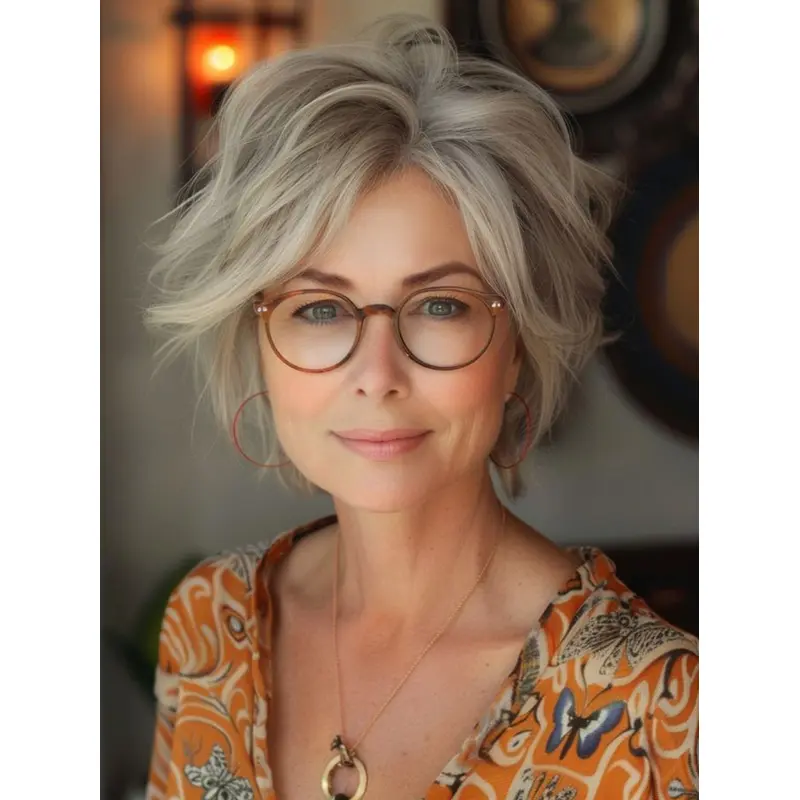 Silver Grey Human Hair Wigs Short 6" Wavy Monofilament Wigs