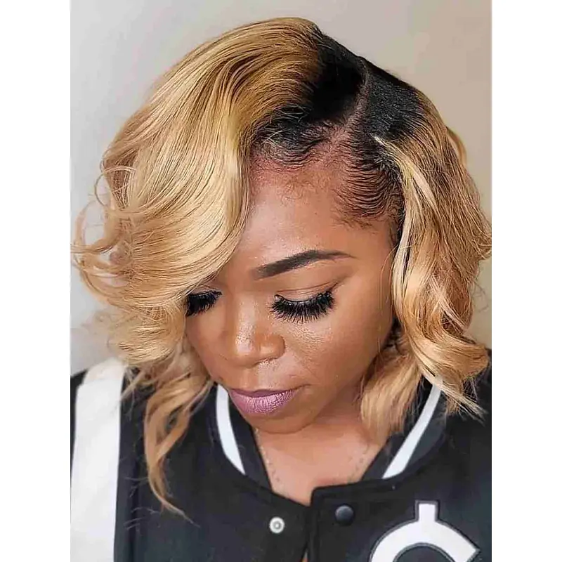 African American Front Lace Wigs Chin Length Wavy 10" Without Bangs Wigs