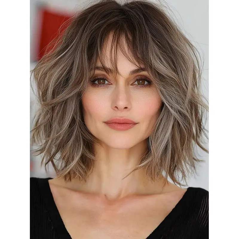 Bob Style Wig Lace Front 12" Synthetic With Bangs Wavy Wigs