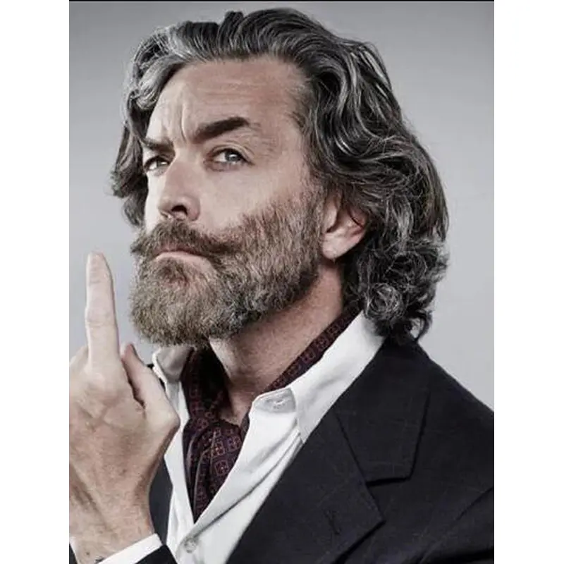 Grey Capless Wavy Long Remy Human Hair Natural Men Wigs