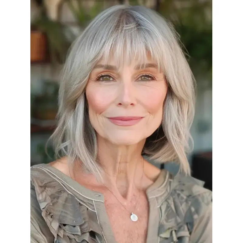 Grey Ladies Wig Shoulder Length Straight Layered Synthetic Wigs
