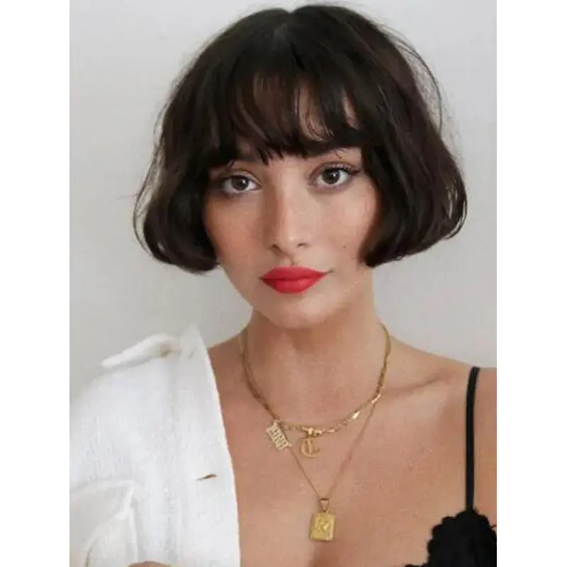 Ladies Short Wigs Lace Front Synthetic Wavy Black French Bob Wigs