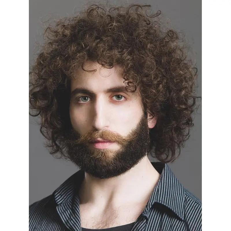 Mens Curly Wig 10" Chin Monofilament Ombre/2 Tone Layered Wigs