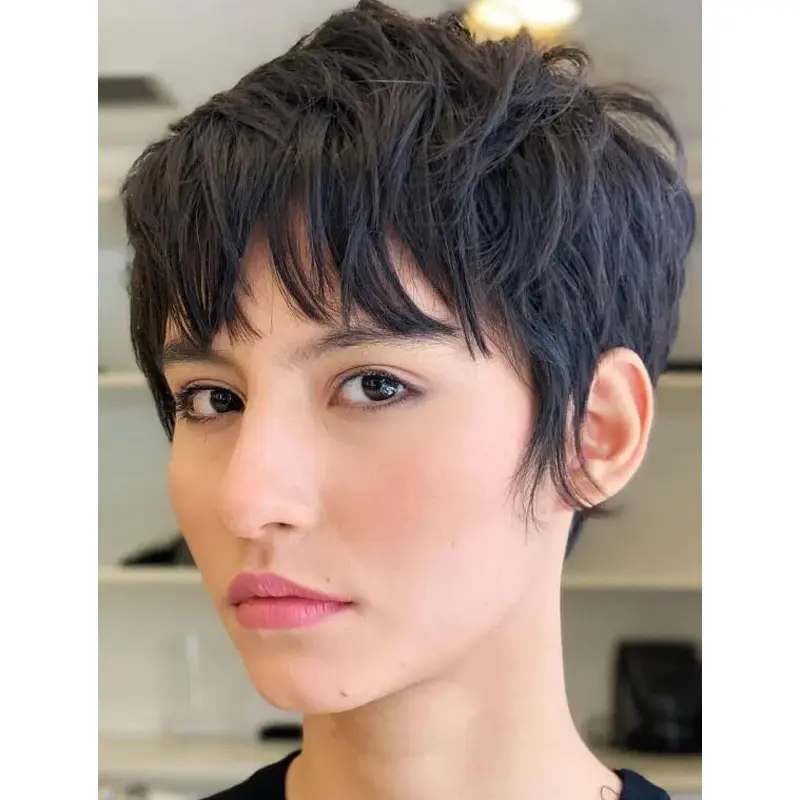 Short Black Wigs Synthetic Lace Straight Wig Modern Short Pixie Wigs