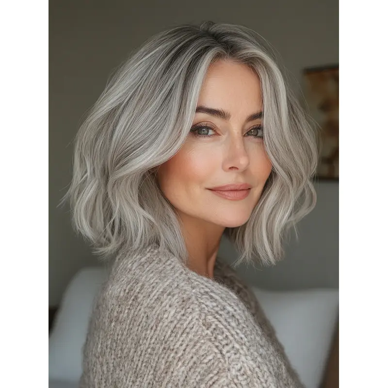 Grey Medium Length Wigs Synthetic Straight Bobs 12" Monofilament Wigs