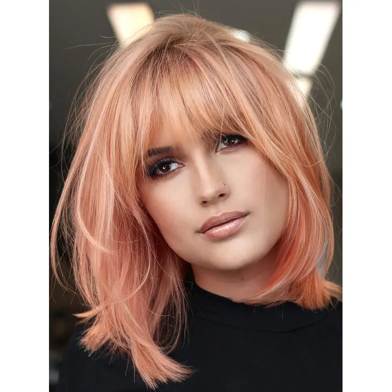 Medium Wigs With Bangs 14" Straight Ombre/2 Tone Synthetic Lace Front Wigs