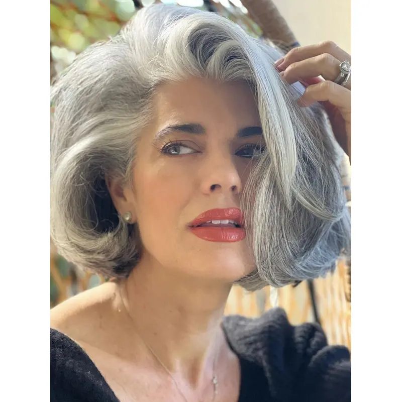 Womens Grey Hair Wigs Synthetic Wavy 10" Without Bangs Wigs