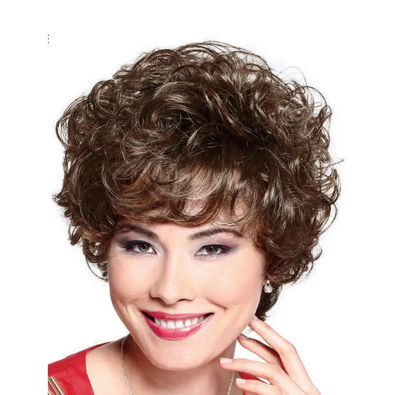 Brown Soft With Bangs Curly Short Wigs