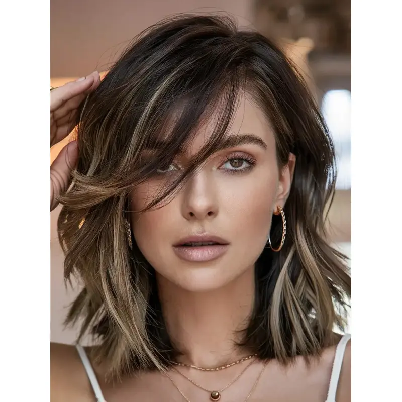 Human Hair Wavy Bob Wigs Ombre/2 Tone 12" Shoulder Length Monofilament Wigs