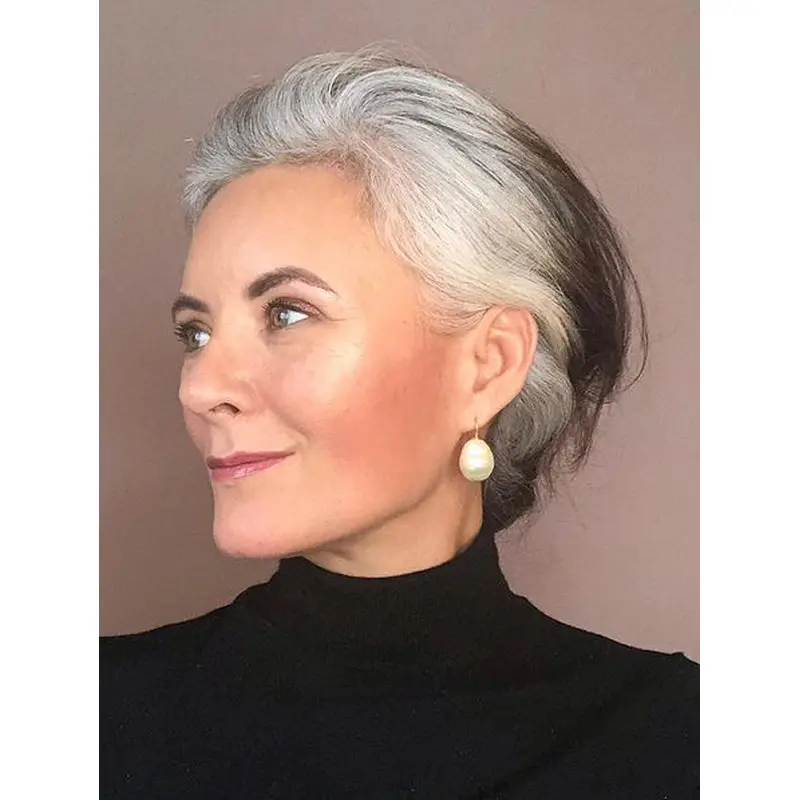 Short Grey Pixie Wig Straight 4" Monofilament Cropped Wigs