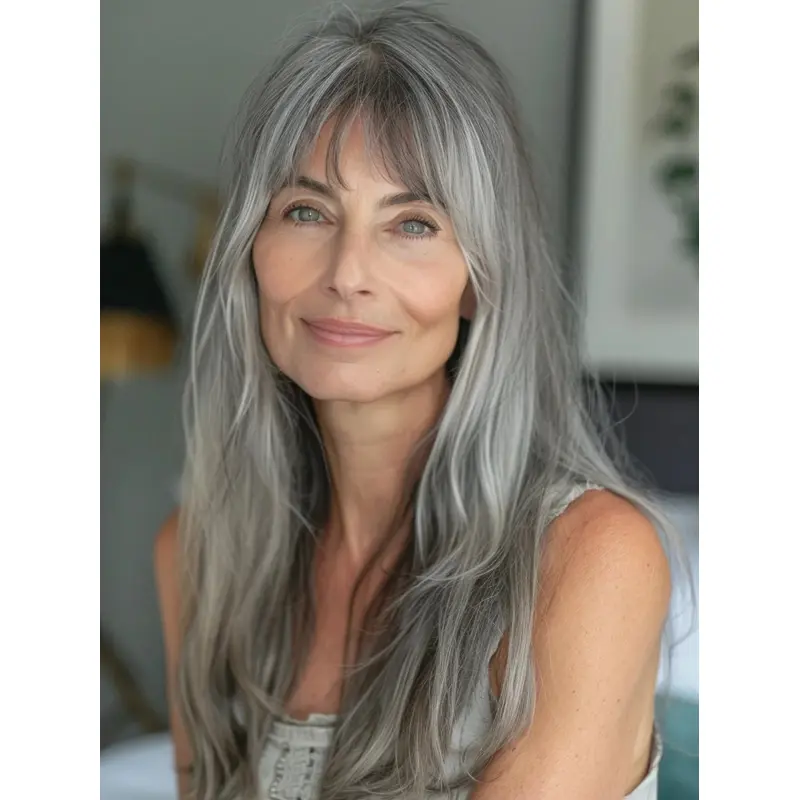 Grey Wavy Wig Remy Human Hair With Bangs 18" Long Wigs